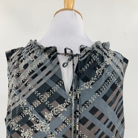 Cabi Top Womens M Medium Plaid Floral Graphic Trellis Ruffled Collar Keyhole Tie - Picture 6 of 13